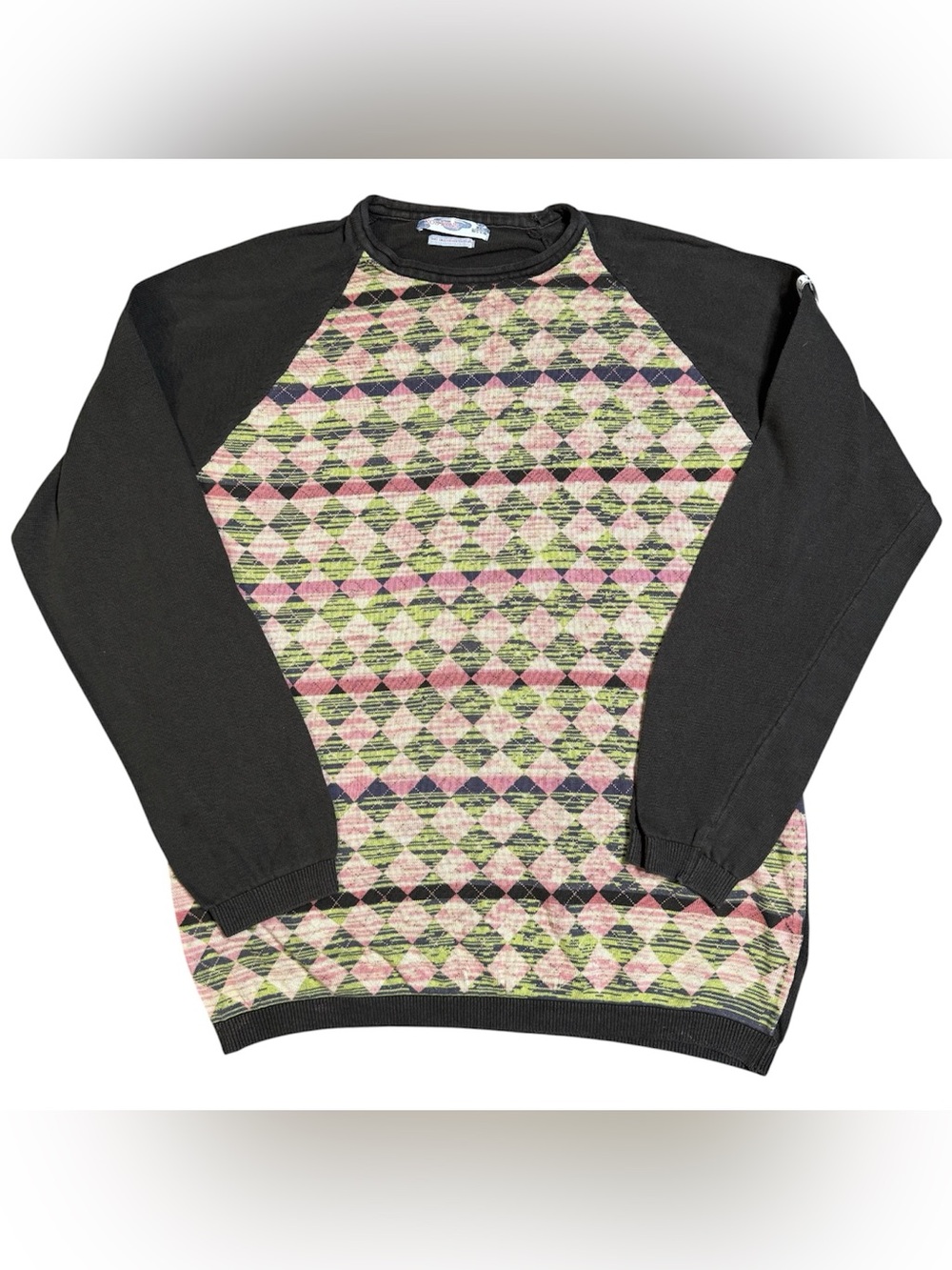 Koutons Sweater Mens XL Y2K Geometric Argyle Mercerized Cotton Knit Raglan Light